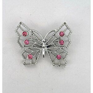 Estate Butterfly Brooch Silver Tone Pink Crystal Wings 1.81" x 1.41" 17.3g